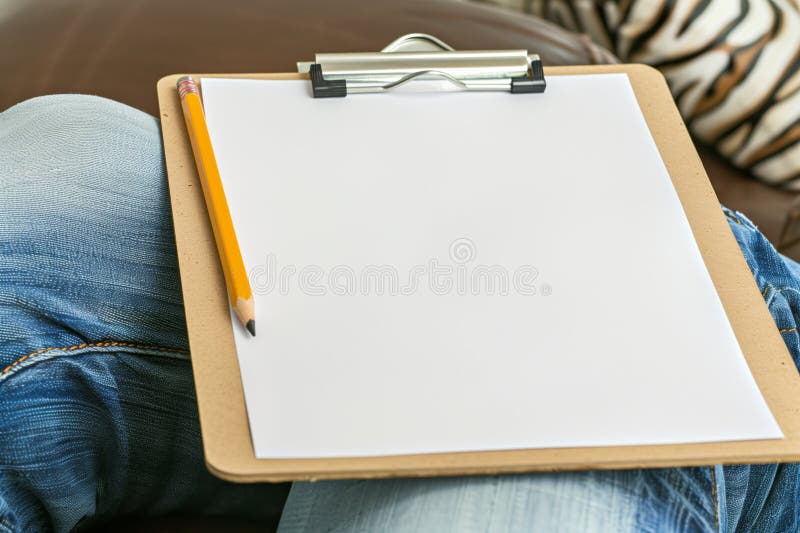 blank paper in clipboard with pencil clipped, resting on someones lap, created with generative ai AI generated. blank paper in clipboard with pencil clipped, resting on someones lap, created with generative ai AI generated