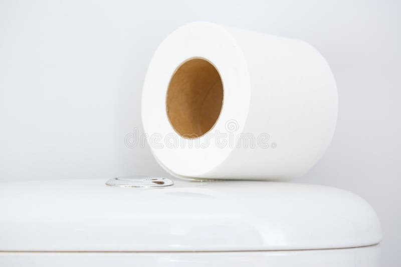 Papel higiênico no tanque branco do toalete imagem de stock royalty free Papel higiênico no tanque branco do toalete imagem de stock royalty free