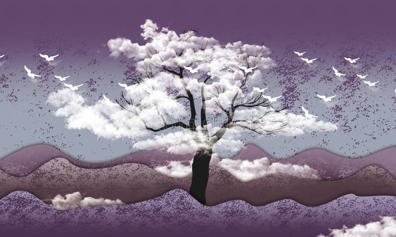 Papel mural 3d montaña , pájaros blancos en el cielo con árbol negro en las nubes fondo morado claro
