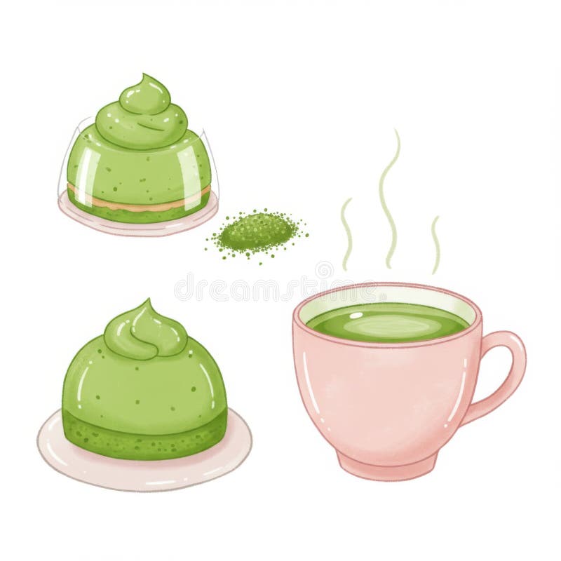 Papel pastel verde matcha e Ilustración de té stock de ilustración
