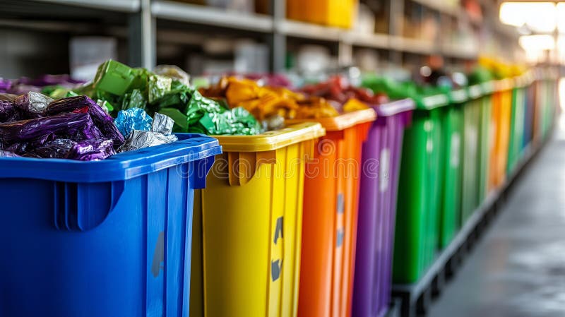 Papelera de reciclaje azul con varios materiales de color ilustración del vector