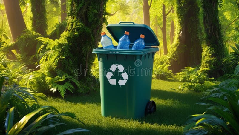 Papelera de reciclaje con botellas de plástico en un bosque verde stock de ilustración