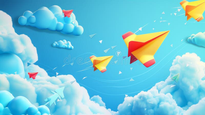 Paper airplane background with yellow, red, and blue flying in the sky along with hand painted clouds. Modern cartoon children&#x27;s aircraft.. AI generated