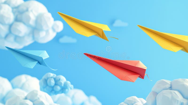 Paper airplanes flying in the sky with hand drawn clouds in school notebook background. Modern cartoon children planes in the air.. AI generated