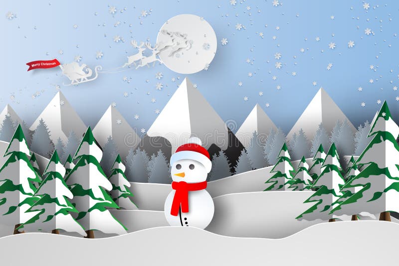 Paper art and craft of Merry Christmas with snowman concept,hear