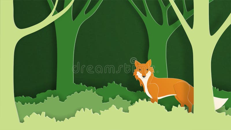 Paper art craft wild fox in the forest. Vector illustration in paper cut style. Design for wallpaper, backdrop, cover, template, stock illustration Paper art craft wild fox in the forest. Vector illustration in paper cut style. Design for wallpaper, backdrop, cover, template, stock illustration