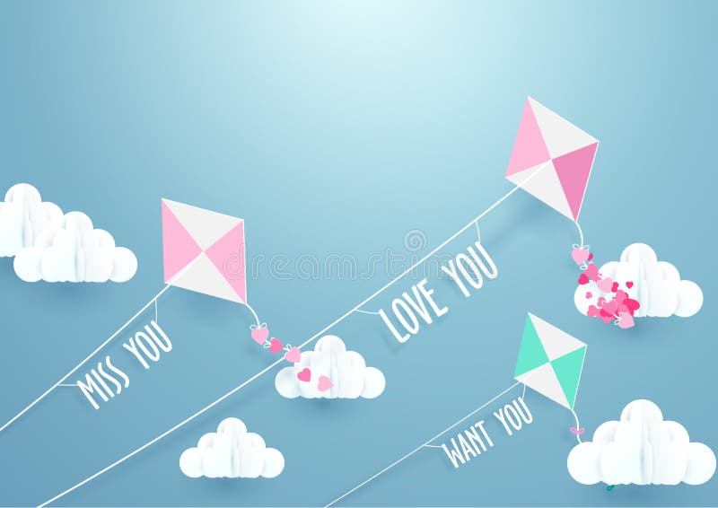 Paper Art Fly Kite and Clouds on a Blue Sky Stock Vector Illustration