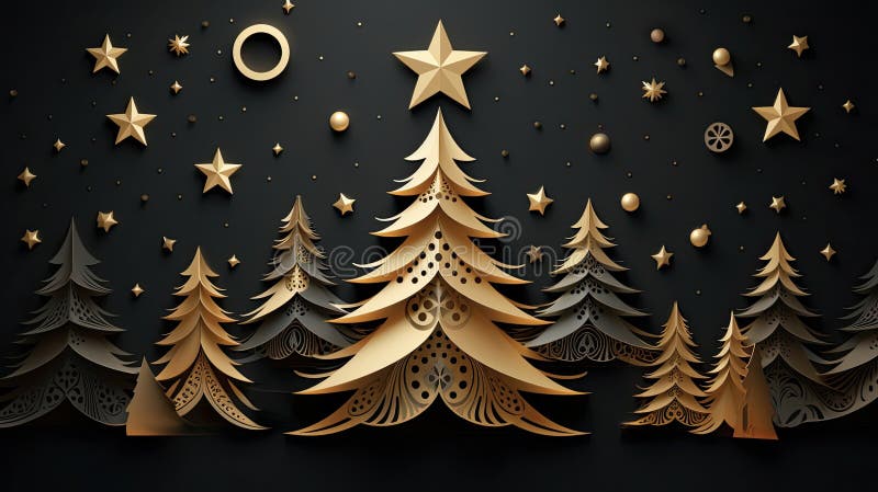 Paper art greeting or invitation card with a Christmas tree in black and gold. Minimalistic, graphic composition with royalty free stock photography