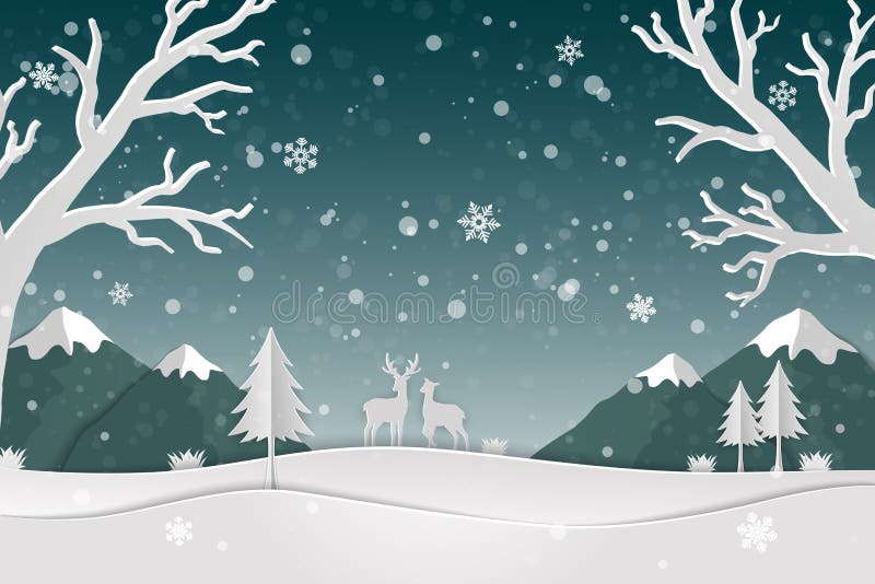 Paper art landscape with deer family and snowflakes in the forest