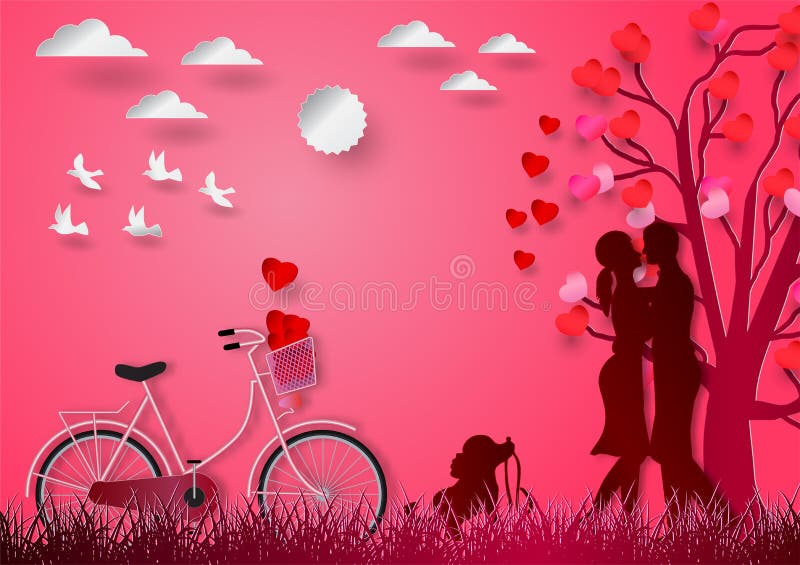 Paper art of with man and woman in love and red heart with pink vector background, valentine`s day concept