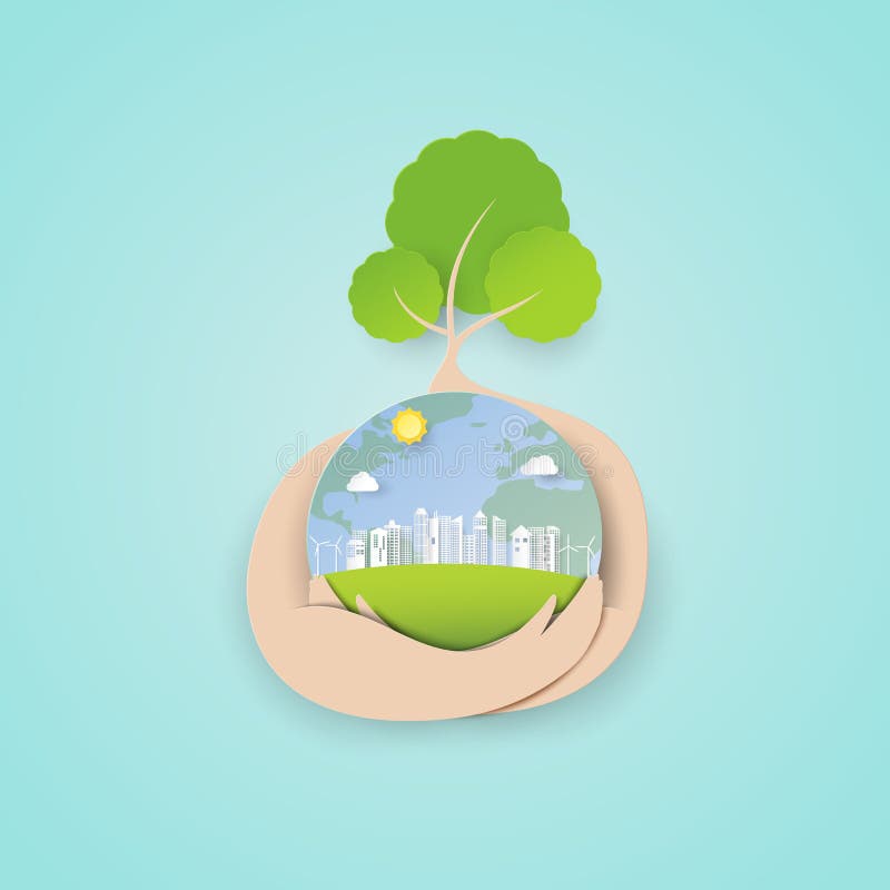 Paper art of save the world concept with tree and eco green city background royalty free illustration Paper art of save the world concept with tree and eco green city background royalty free illustration