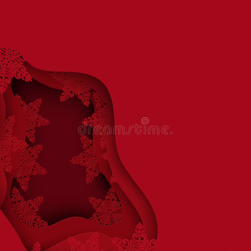 Paper art winter background with red paper snowflakes. Merry Christmas and new year greeting card. Modern wavy 3d deep paper art