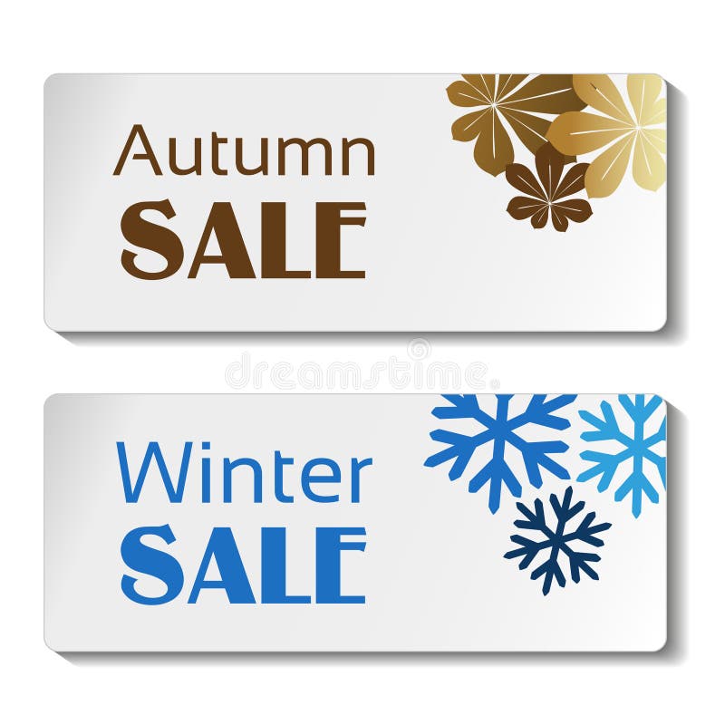 Paper autumn and winter sale label, white sticker with brown leaves and blue snowflakes
