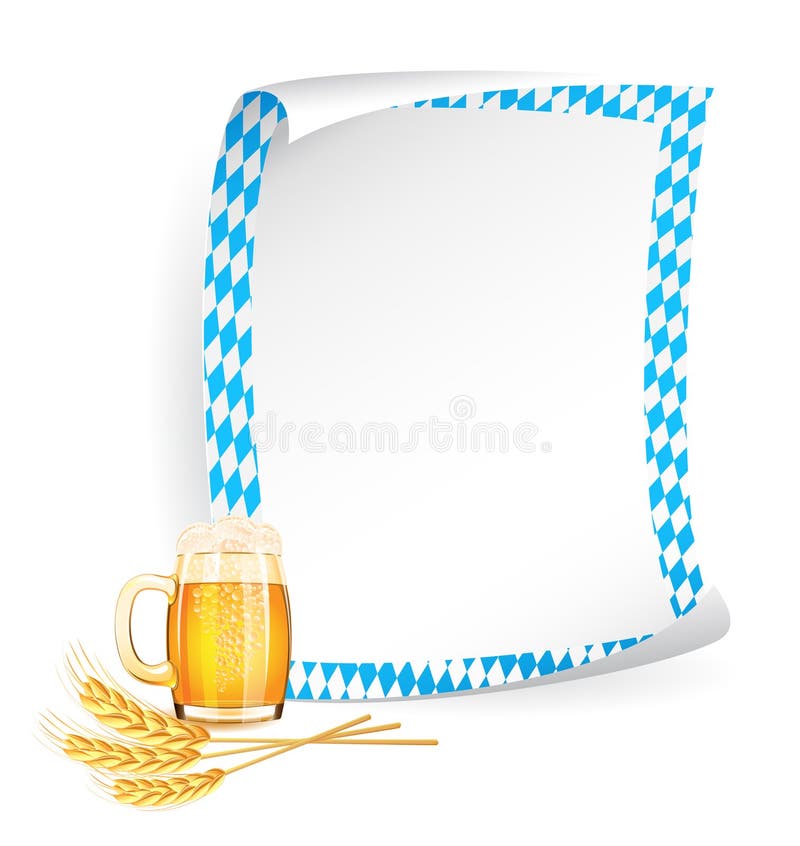 Paper board in bavarian colors with beer mug and wheat ears. Bavarian flag blue vectors