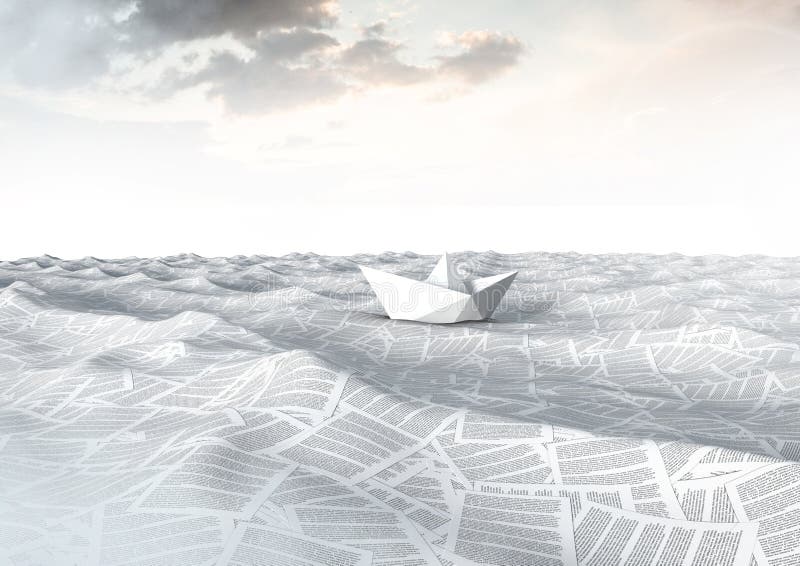 Paper boat on sea of documents under tranquil sky