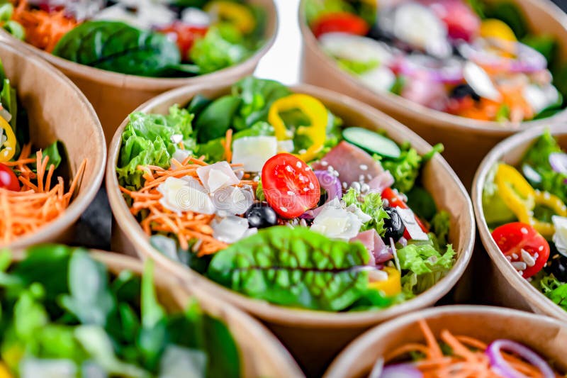 Paper Boxes with Prepackaged Vegetable Salads Ready for Sale Stock