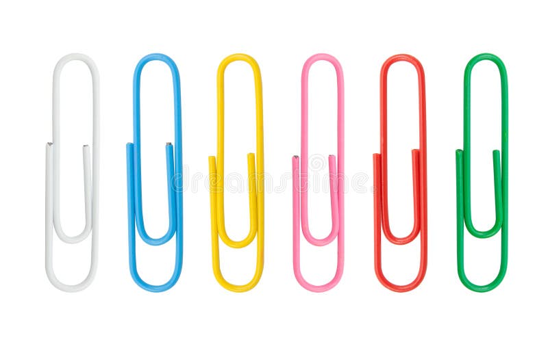 Paper Clip of various color isolated on white background. Button clasp stock images, royalty-free photos and pictures