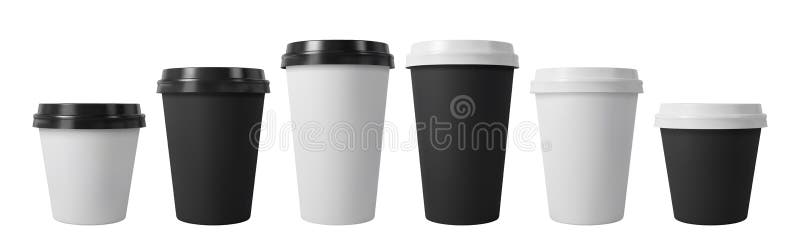 Paper coffee cups with black and white lids. Closed large and small paper cups. Realistic vector mockup. stock illustration