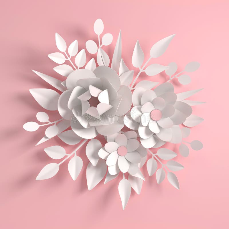 Paper colorful flowers  background. Valentine`s day, Easter, Mother`s day, wedding greeting card. 3d render digital spring or. Summer flower pattern vector illustration