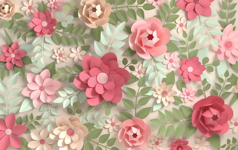 Paper colorful flowers  background. Valentine`s day, Easter, Mother`s day, wedding greeting card. 3d render digital spring or. Summer flower pattern vector illustration