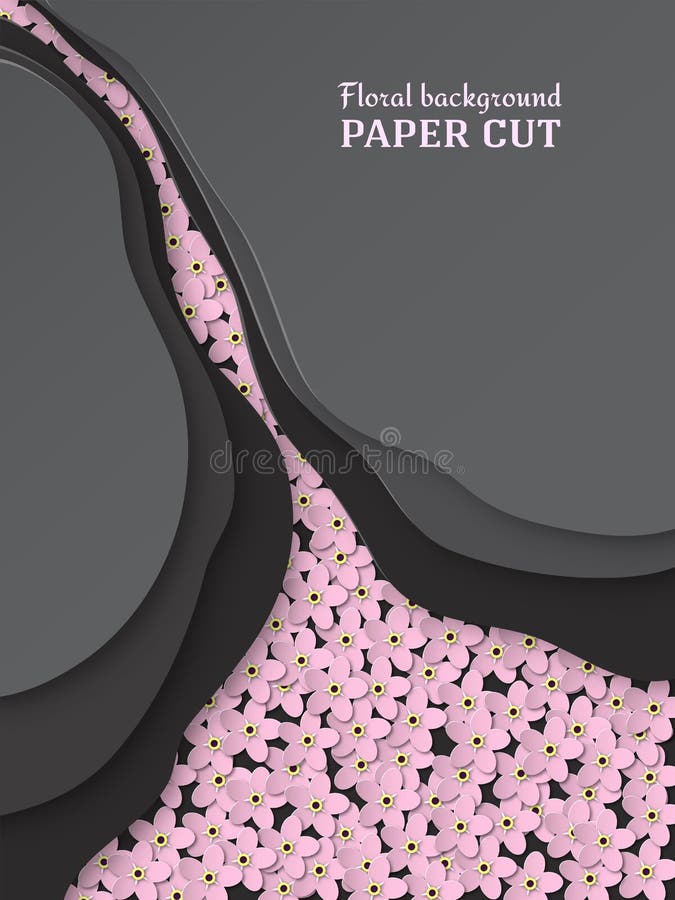 Paper cut abstract background. Delicate pink flowers forget-me-not. Floral design in black color. Poster, banner, brochure. Vector royalty free illustration Paper cut abstract background. Delicate pink flowers forget-me-not. Floral design in black color. Poster, banner, brochure. Vector royalty free illustration