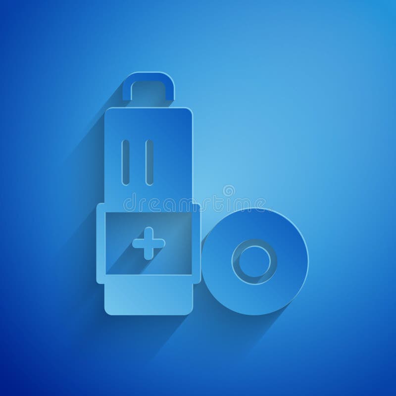 Paper cut Battery icon isolated on blue background. Lightning bolt symbol. Paper art style. Vector vector illustration