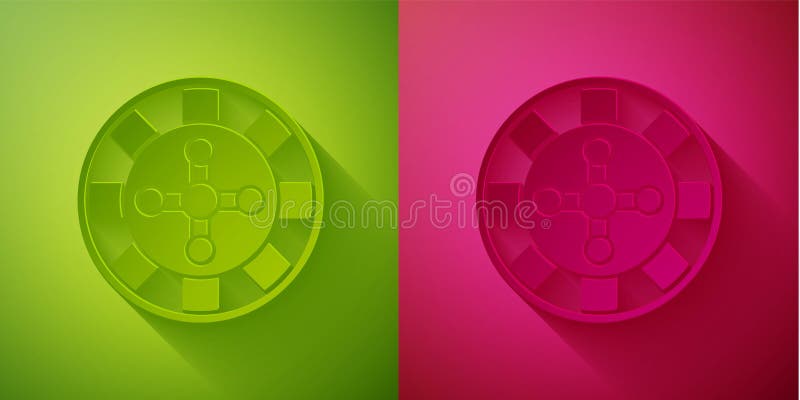 Paper cut Casino roulette wheel icon isolated on green and pink background. Paper art style. Vector.