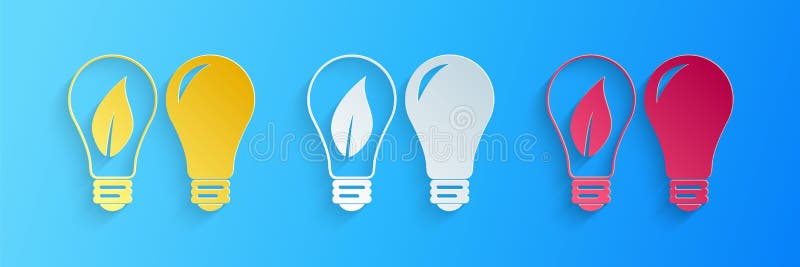 Paper cut Classic Lamp and Light bulb with leaf inside icon isolated on blue background. Lighting electric lamp. Green eco energy concept. Paper art style. Vector.