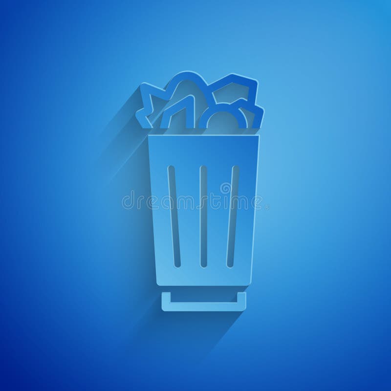 Paper cut Full trash can icon isolated on blue background. Garbage bin sign. Recycle basket icon. Office trash icon