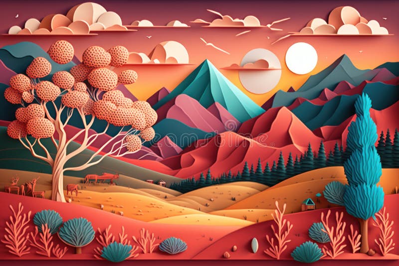 Paper Cut Landscape with Mountains and Trees. Generative AI Stock Image