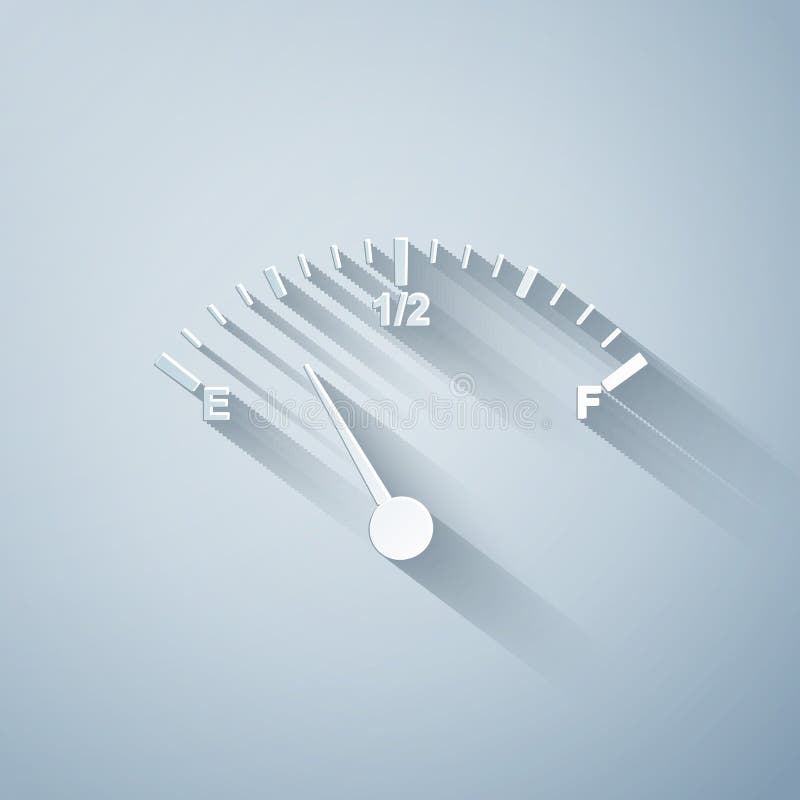 Paper cut Motor gas gauge icon isolated on grey background. Empty fuel meter. Full tank indication. Paper art style vector illustration Paper cut Motor gas gauge icon isolated on grey background. Empty fuel meter. Full tank indication. Paper art style vector illustration