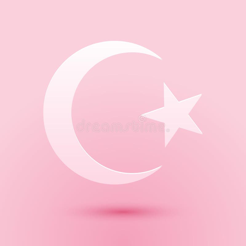 Paper Cut Star and Crescent Symbol of Islam Icon Isolated on Pink