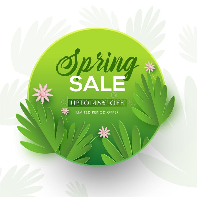 Paper cut style tropical leaves and flowers decorated spring sale background. vector illustration Paper cut style tropical leaves and flowers decorated spring sale background. vector illustration