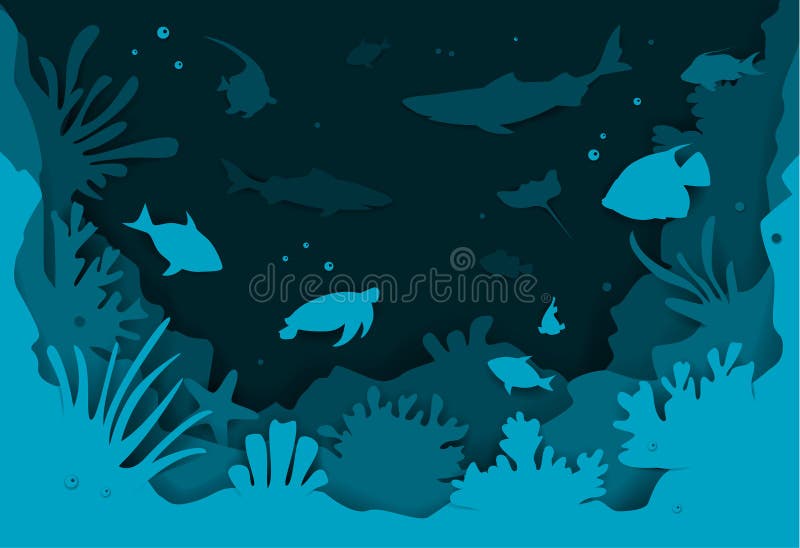 Paper cut style underwater deep sea background with fishes and coral reefs vector illustration texture