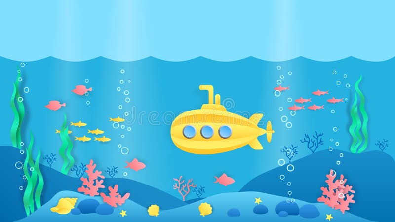 Paper cut submarine. Underwater ocean landscape with fish, seaweeds and coral reef in cartoon paper style. Vector marine