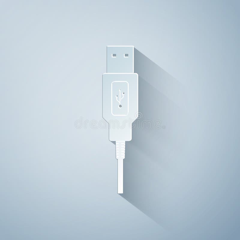 Paper Cut USB Cable Cord Icon Isolated on White Background. Connectors
