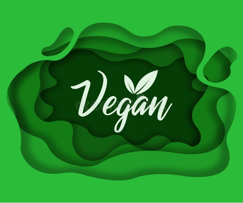 Paper Cut Vegan Logotype with Leafs Inside Green Layers with Shadows