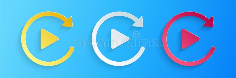 Paper cut Video play button like simple replay icon isolated on blue background. Paper art style. Vector stock illustration