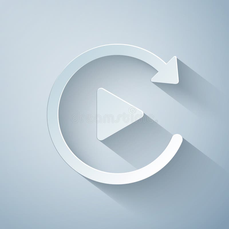Paper cut Video play button like simple replay icon isolated on grey background. Paper art style stock illustration