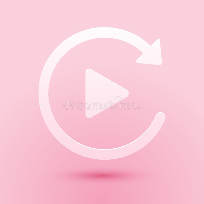 Paper cut Video play button like simple replay icon isolated on pink background. Paper art style. Vector stock illustration