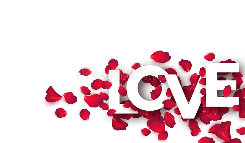 Paper cut word Love on a backdrop of rose petals. Valentine day background. Vector illustration