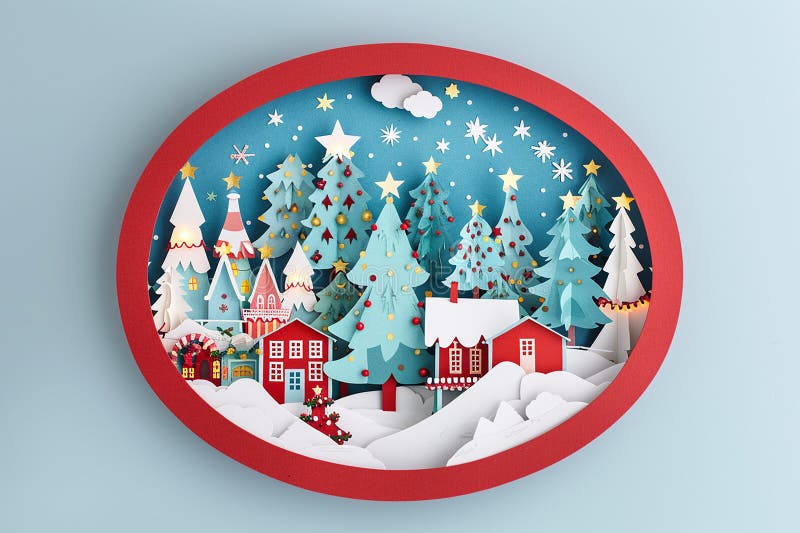 A paper cutout of Christmas tree forest, inside is the scene of Santa Claus's workshop in front view. The shape has an oval frame with , immersive atmosphere. Inside santa workshop illustrations