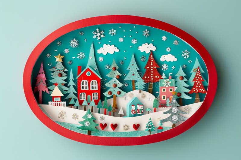 A paper cutout of Christmas tree forest, inside is the scene of Santa Claus's workshop in front view. The shape has an oval frame with , colorful theme. Inside santa workshop illustrations