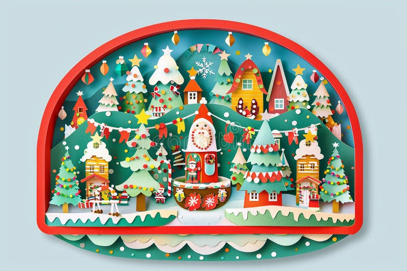 A paper cutout of Christmas tree forest, inside is the scene of Santa Claus's workshop in front view. The shape has an oval frame with , high resolution. Inside santa workshop illustrations