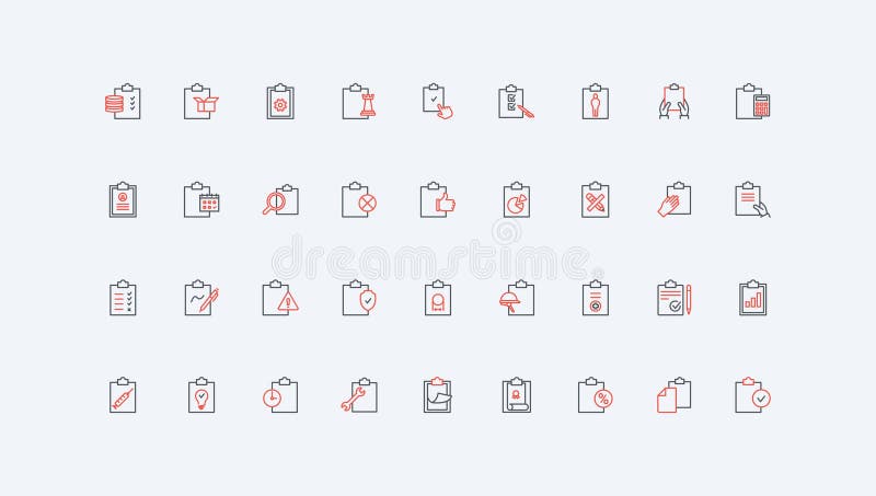Paper documents on clipboard, checklist form register and management line icon set stock illustration