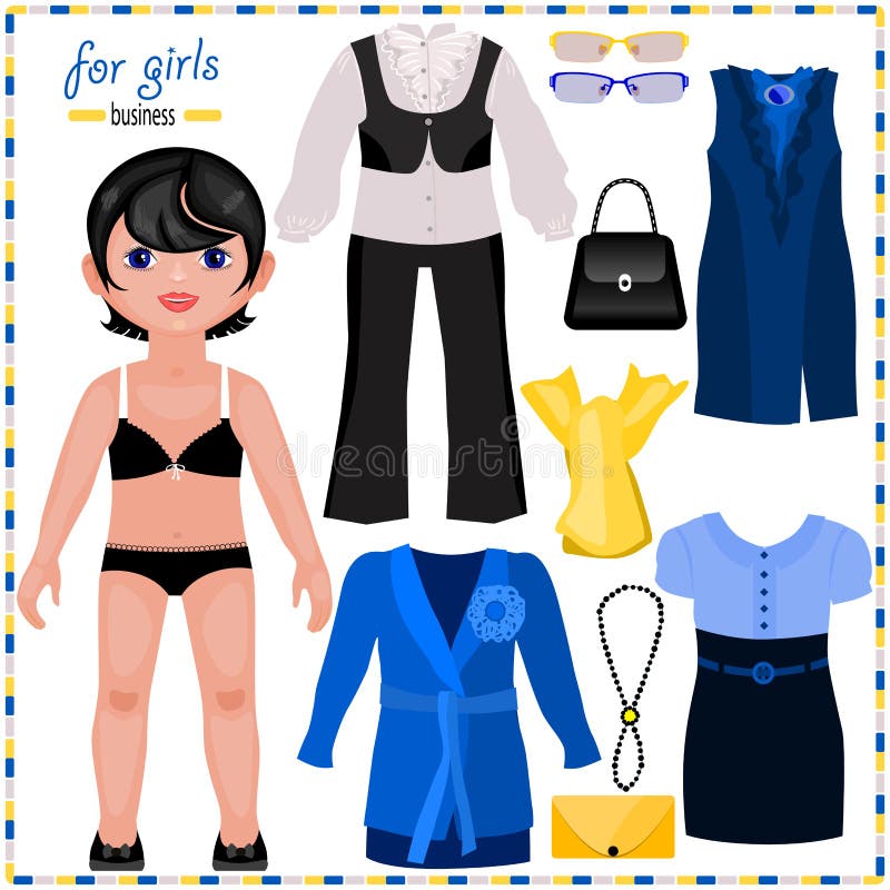 Paper doll with a set of elegant clothes. Business style.