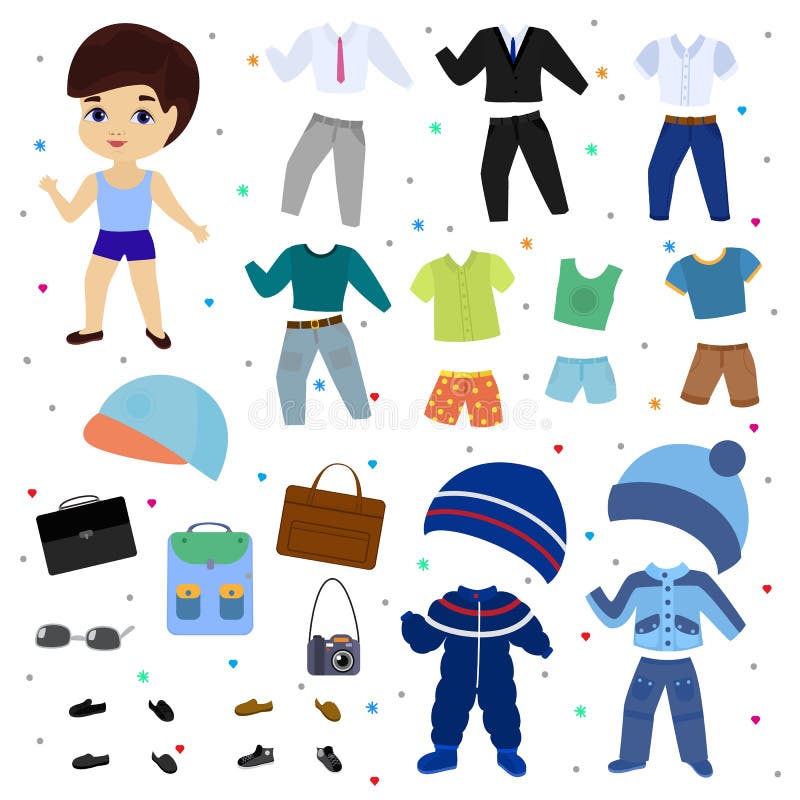 Paper doll vector boy dress up clothing with fashion pants or shoes illustration boyish set of male clothes for cutting