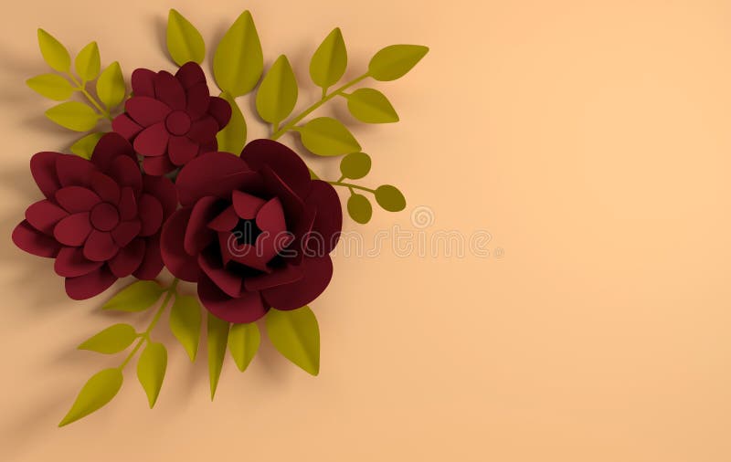 Paper elegant dark red flowers on beige background. Valentine`s day, Easter, Mother`s day, wedding greeting card. 3d render. Digital spring or summer flowers vector illustration