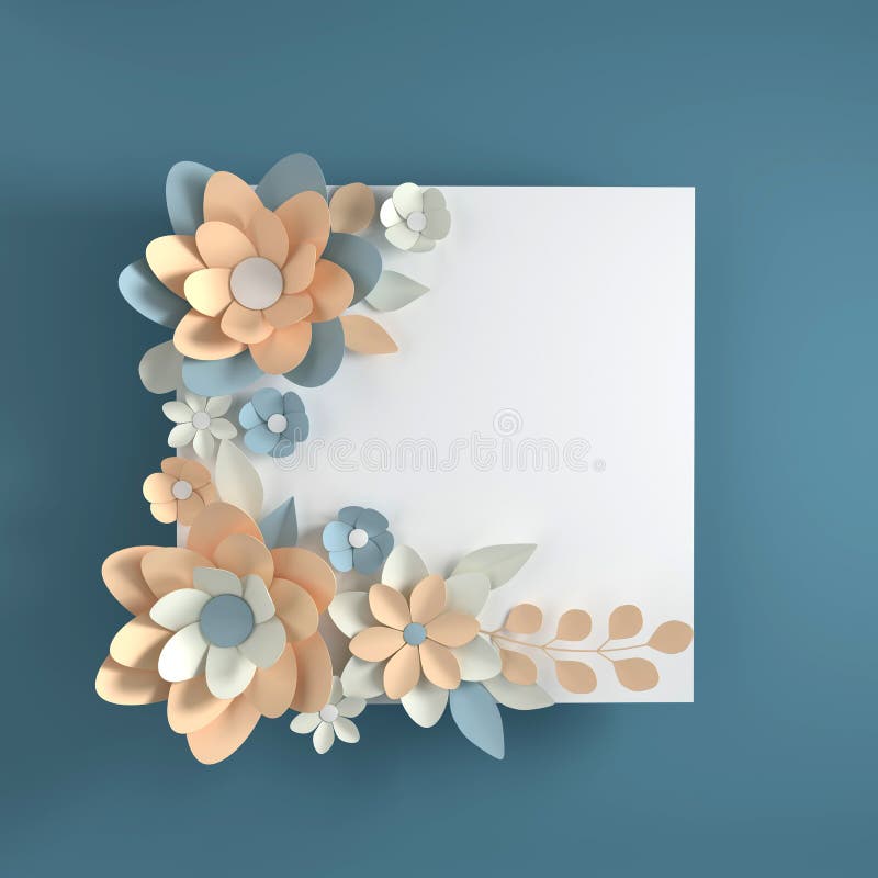 Paper elegant pastel colored flowers on blue background. Valentine`s day, Easter, Mother`s day, wedding greeting card. 3d render. Digital spring or summer vector illustration