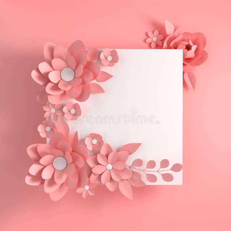 Paper elegant pastel pink flowers on pink background. Valentine`s day, Easter, Mother`s day, wedding greeting card. 3d render. Digital spring or summer flowers royalty free illustration